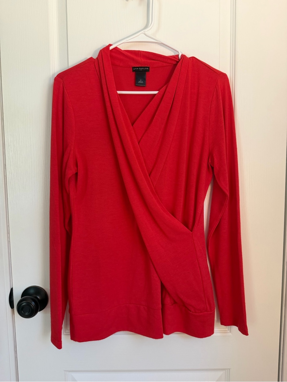 Ann Taylor Red Wrap-Front Long Sleeve Top